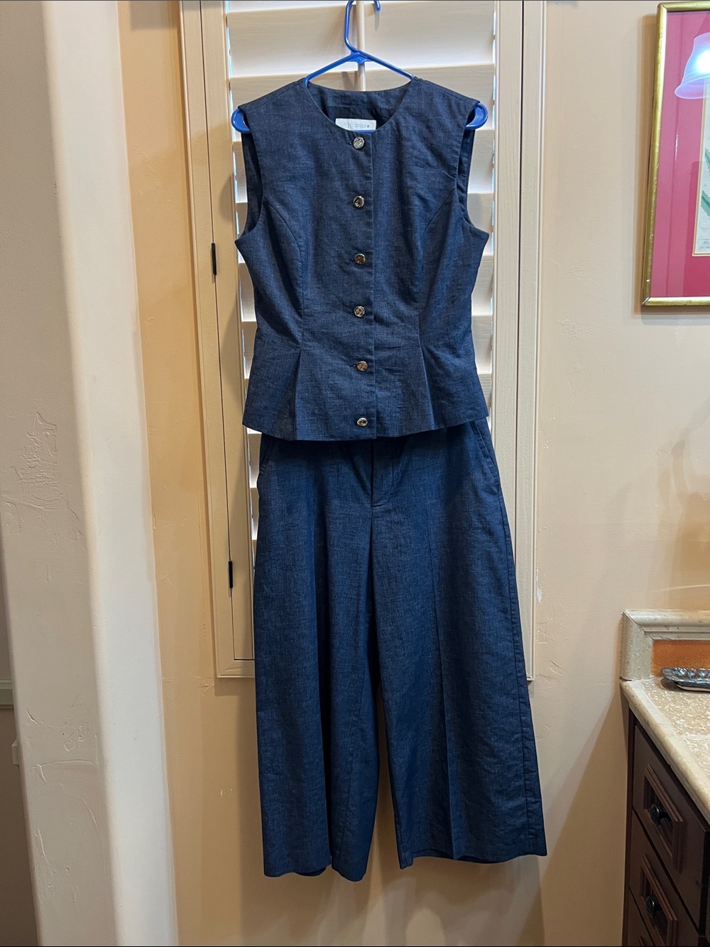 Zara Sleeveless Light Indigo Linen blend Peplum vest and matching culottes